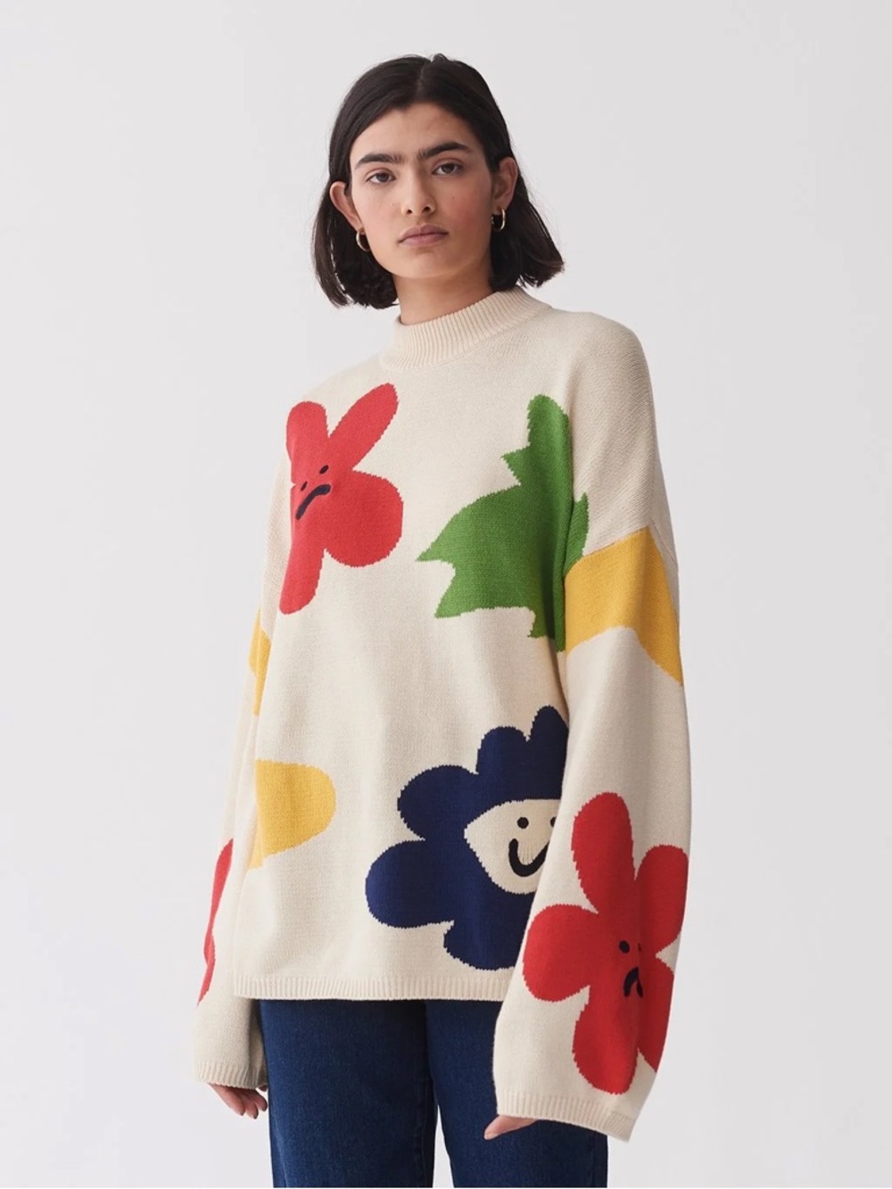 Lazy Oaf Cream Floral Crewneck Sweater with Red, Blue, Green & Yellow Motifs